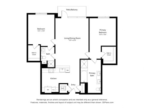 Floor plan for 2 beds, 2 baths, 1347 sqft